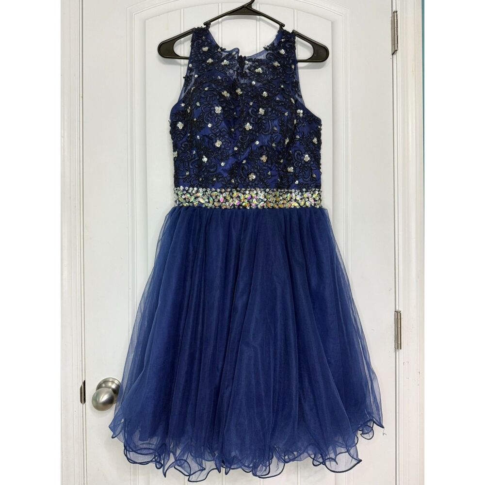 Navy Embellished Homecoming Prom Corset Mini Dress Full Skirt